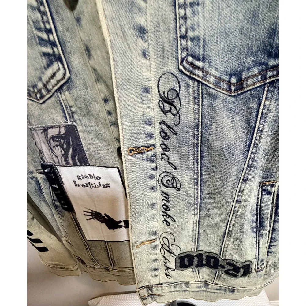 GALA Men's Blue Denim Jacket Size Large Button Front Star Embroidered Pockets